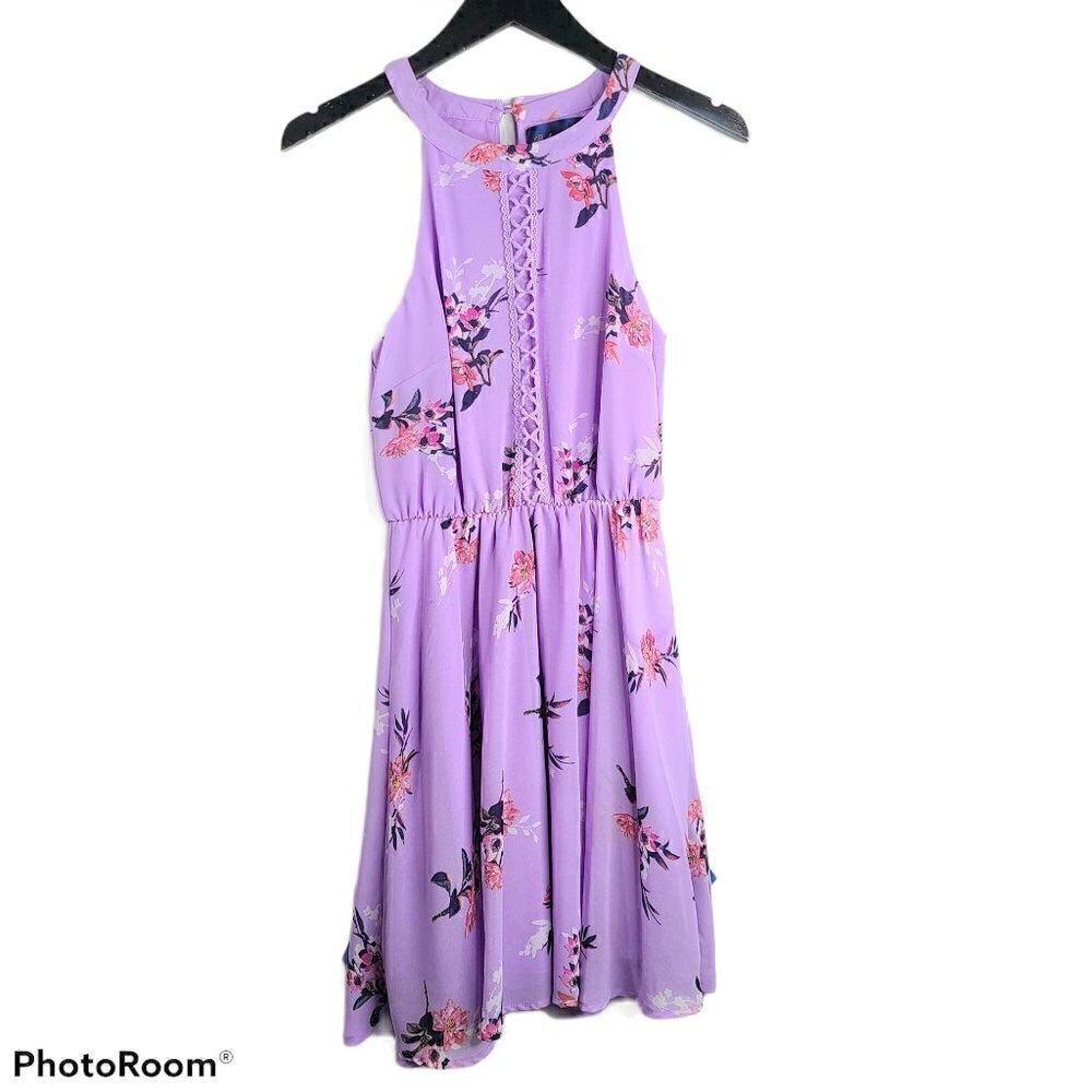 Blue Rain Lavender Purple Floral Halter MiDi Dress
